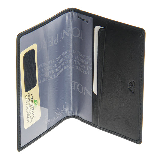 Tony Perotti New Contatto 3550 nero passport cover opened at an angle, showing the card compartments and the Tony Perotti woven lining