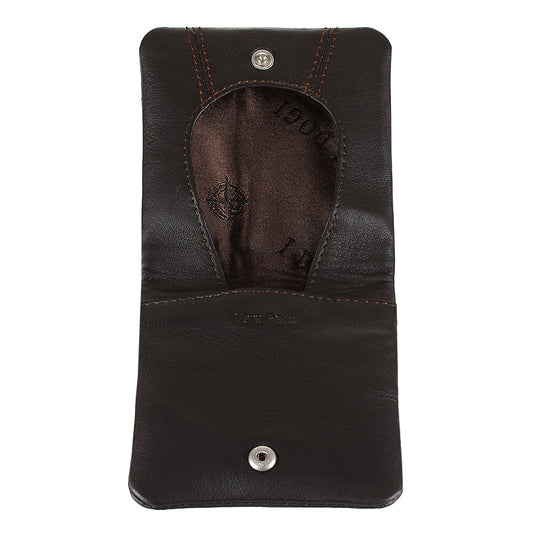 Dark brown Tony Perotti Cortina 5080 moro coin pouch opened flat — silver-grey lining printed with compass roses and the two snaps