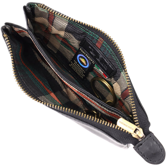 Tony Perotti Arno 3350 nero key case open close-up — tartan-check lining, a brass key ring and the Tony Perotti hologram label on a leather tab