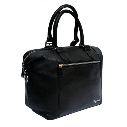 Tony Perotti Contatto 9217-31 nero black leather handbag at an angle in the compact setting — rolled handles on squared dark silver brackets and the side zip
