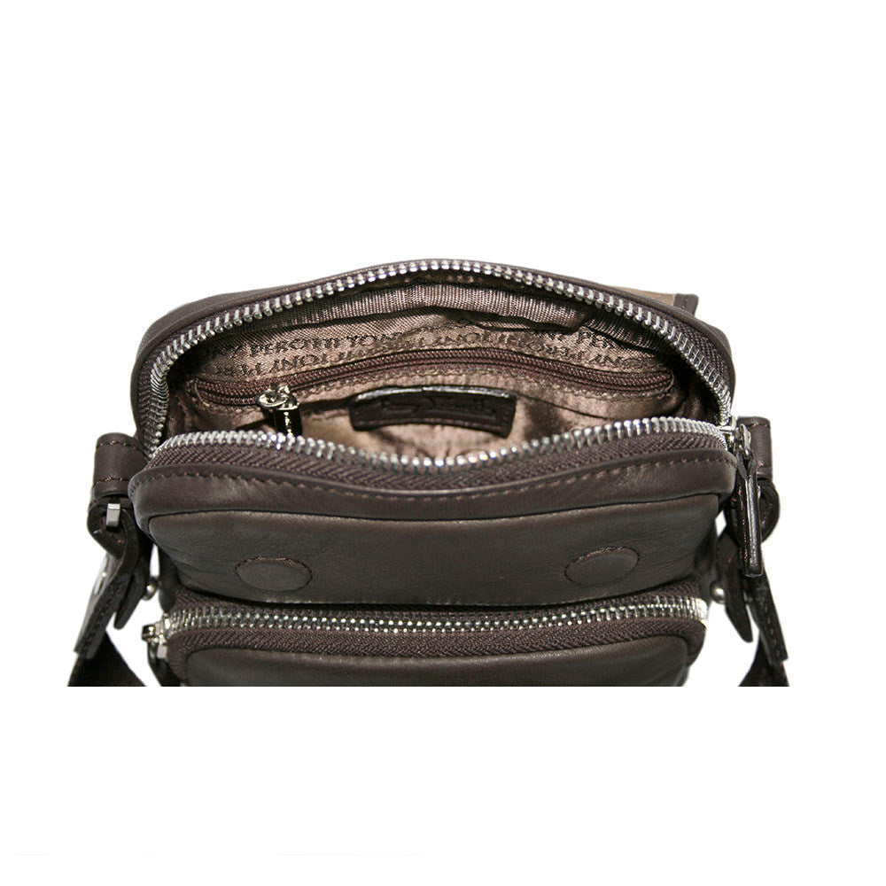 Top view into the open Contatto 9150-14 moro — inner zip pocket, leather patch tag and the front zip pocket below