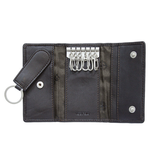 Dark brown leather key case opened flat with six swivel hooks and the detachable fob — Cortina 5005 moro