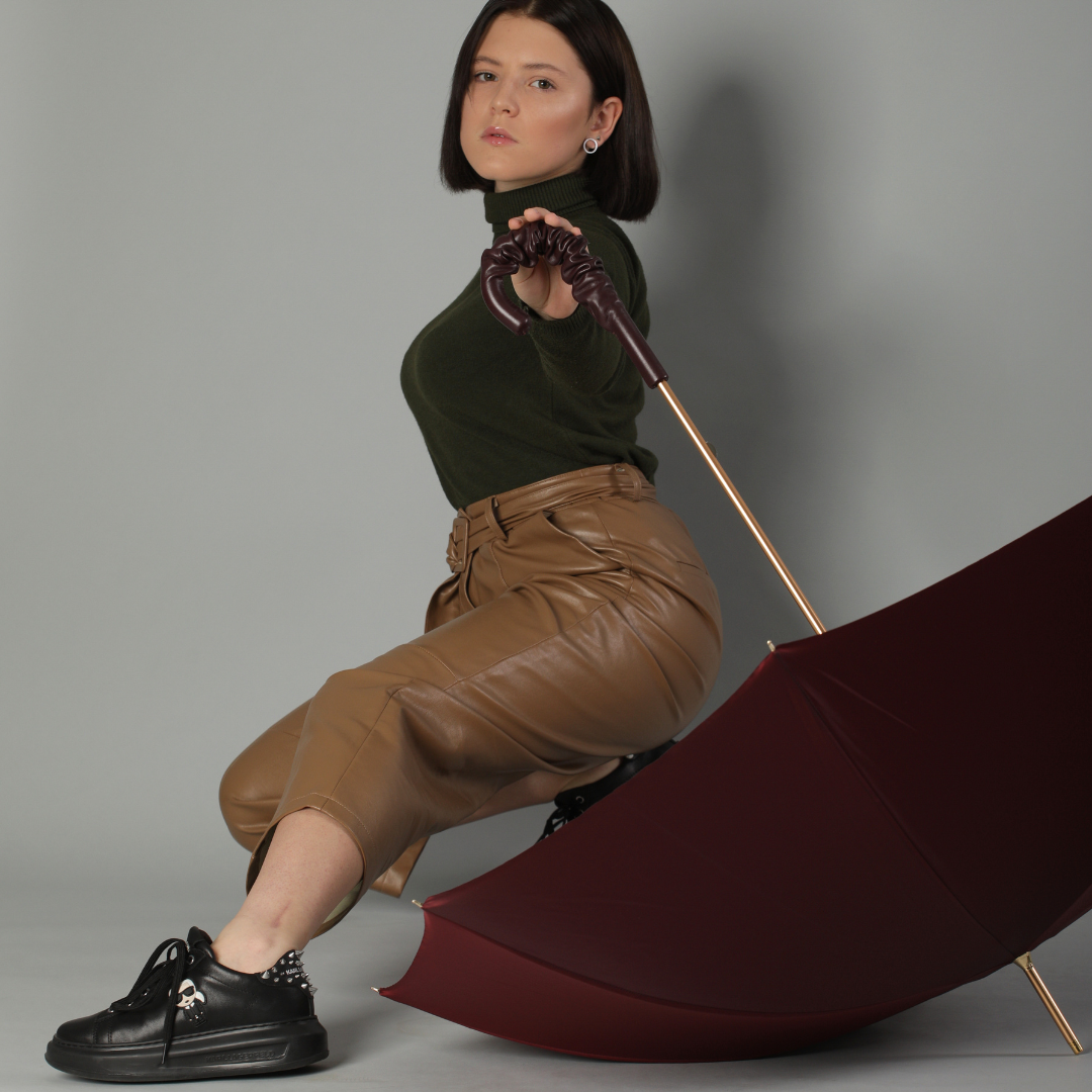 Umbrella cane women's burgundy with leather handle Pasotti 189-58112/19