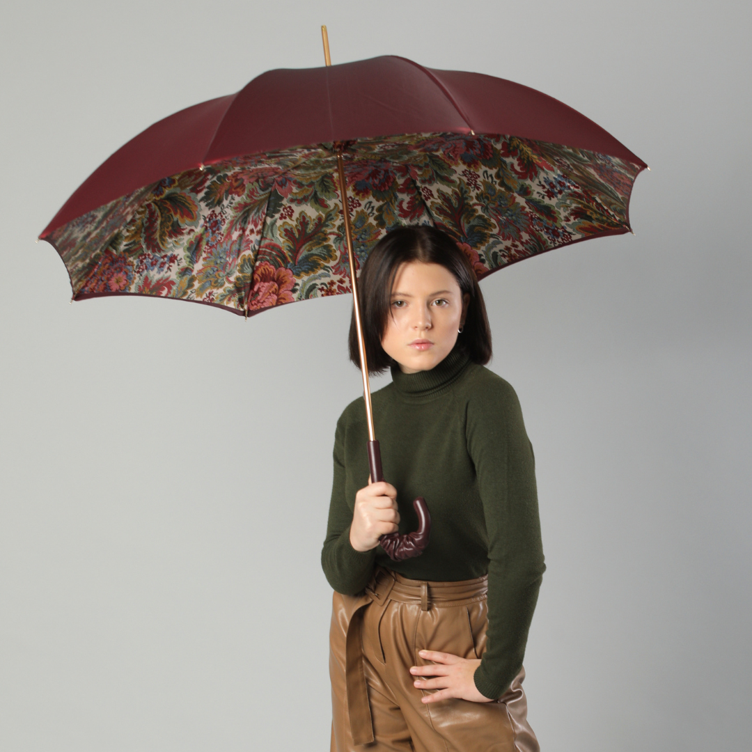 Umbrella cane women's burgundy with leather handle Pasotti 189-58112/19