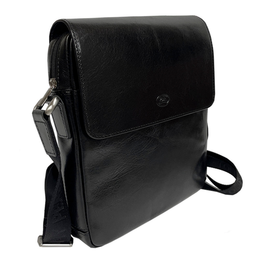 Tony Perotti men’s black leather crossbody bag on a white background