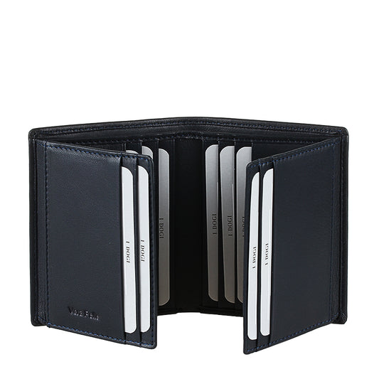 Tony Perotti Cortina 5088 navy opened wide — both flip-out wing panels raised, cards held on four inner faces