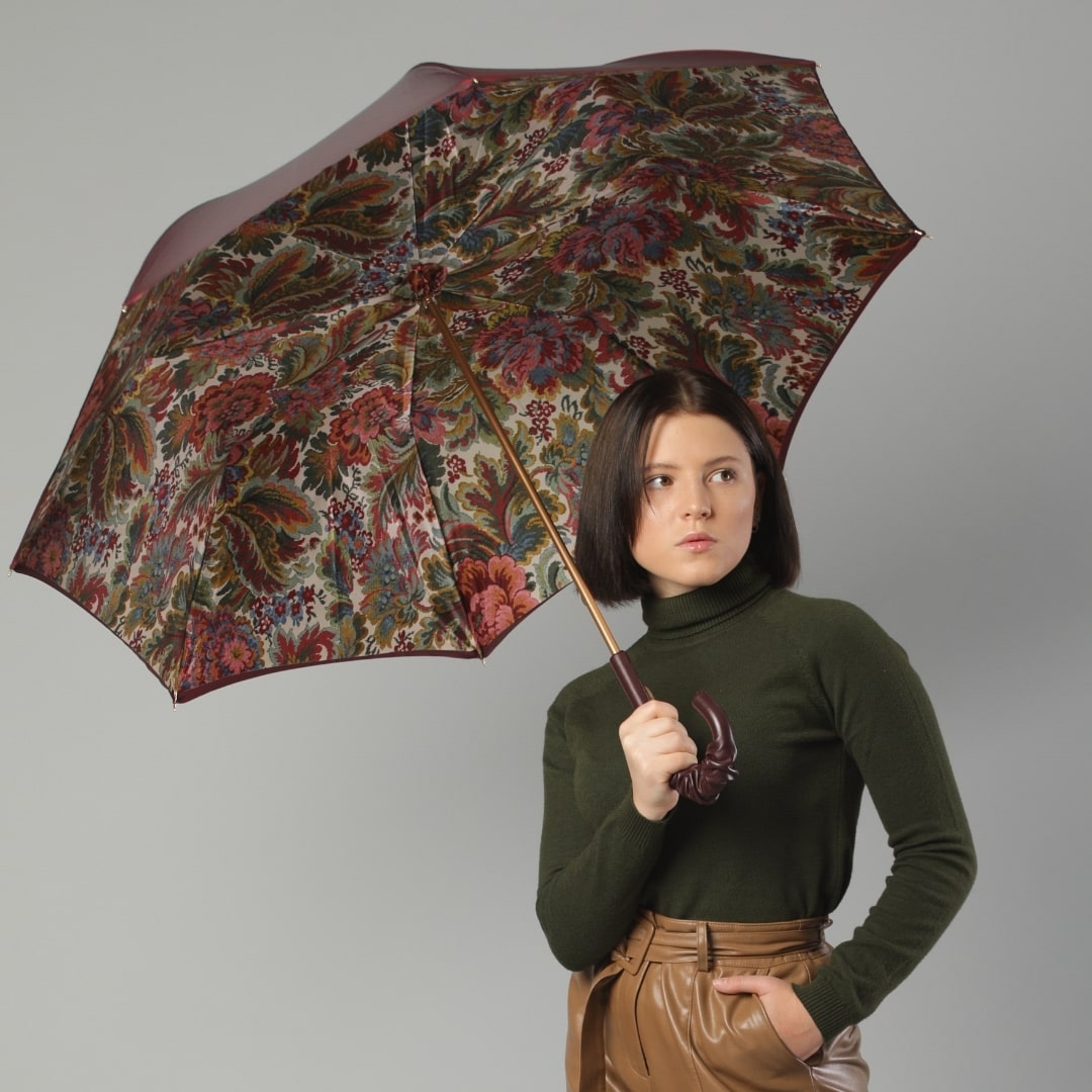 Umbrella cane women's burgundy with leather handle Pasotti 189-58112/19