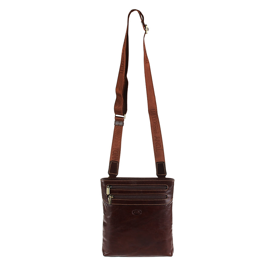Tony Perotti Italico 6048 dark brown crossbody bag on an adjustable light brown jacquard strap with woven Tony Perotti lettering
