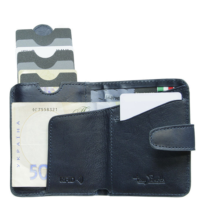 Nevada 3796+RFID navy card holder open — pull-up card sleeve raised by leather tab, banknote and card slot