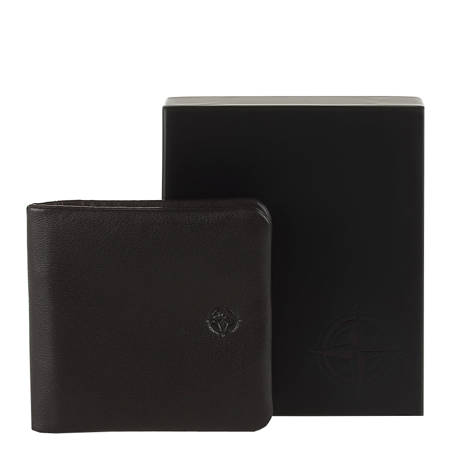 Dark brown Tony Perotti Cortina 5080 moro coin pouch beside its branded Tony Perotti gift box