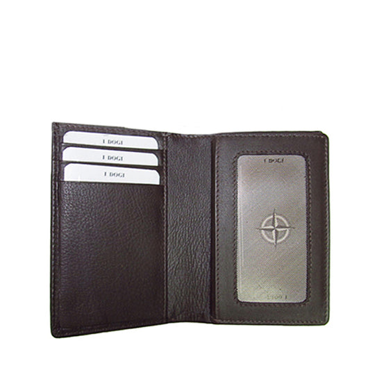 Dark brown Cortina 5065 card wallet open showing card slots, ID window and banknote section