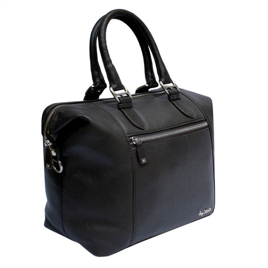 Tony Perotti Contatto 9217-31 moro dark brown leather handbag at an angle in the compact setting — rolled handles on squared dark silver brackets and the side zip