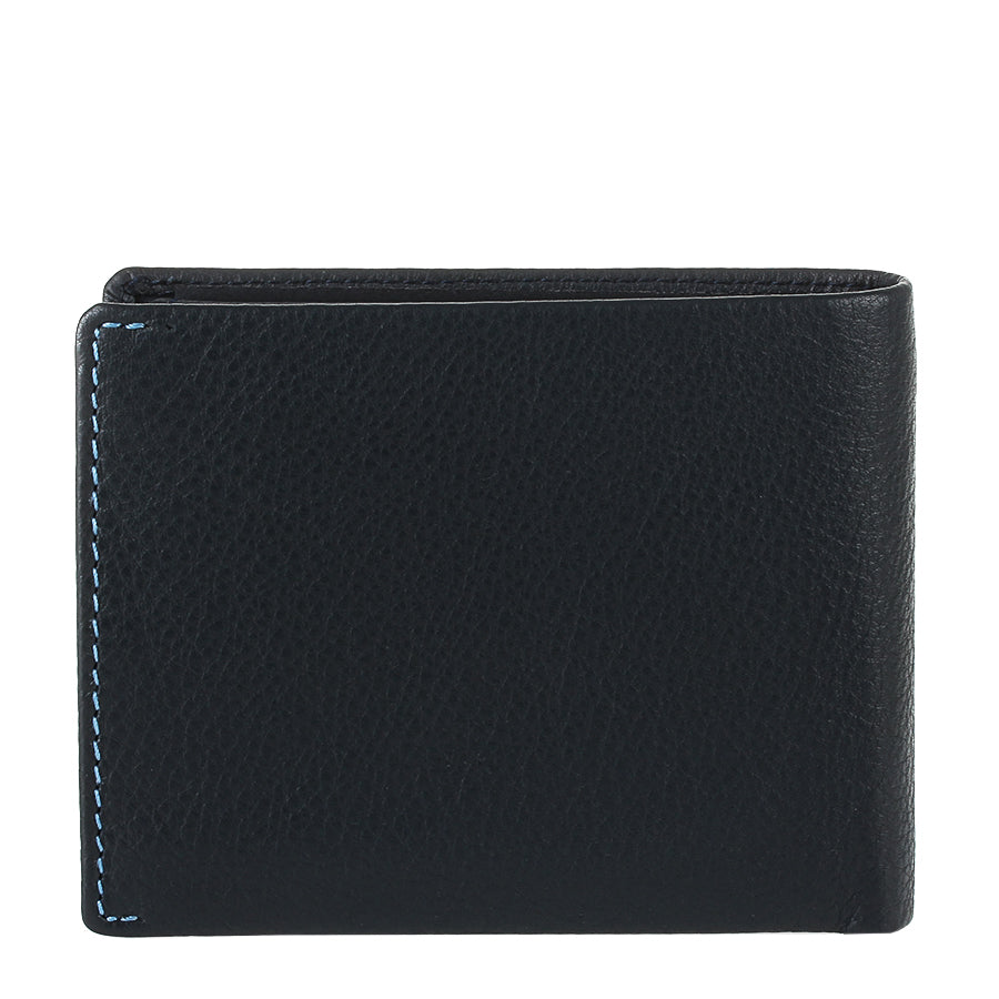 Tony Perotti Timone 11012 navy leather bifold wallet, back view with light blue contrast stitching