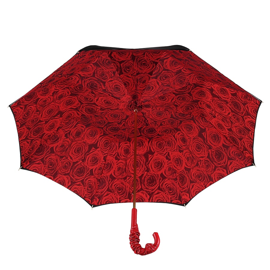 Pasotti women's cane umbrella black with leather handle and red roses under the dome