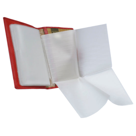 Tony Perotti Contatto 1423 rosso document holder with the frosted sleeve booklet spread out, showing a wider sheet with fold-out flaps