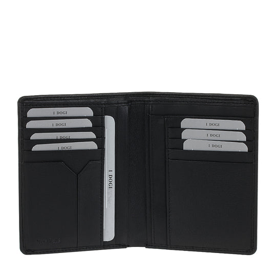 Tony Perotti Cortina 5050 nero opened — card slots in two columns, slip pockets beneath and vertical slots down the middle