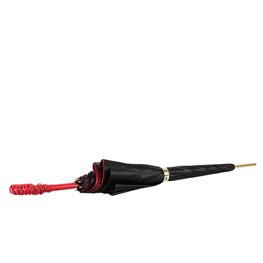 Pasotti women's cane umbrella black with leather handle and red roses under the dome