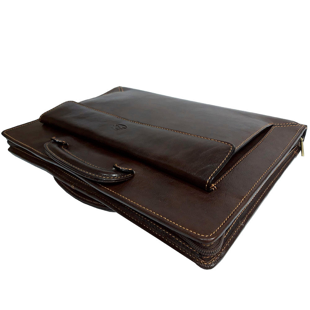Top view of the closed dark brown Italico 8232 — flap pocket, retractable handles and contrasting stitching