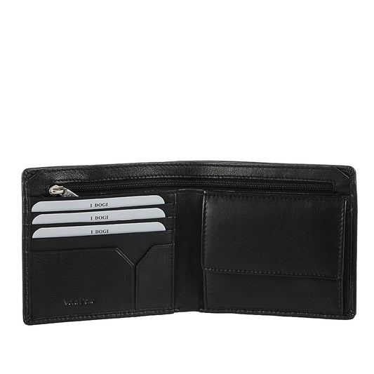 Tony Perotti Cortina 5047 nero opened — card slots and a slip pocket on the left, a zipped pocket above and the snap coin pocket on the right