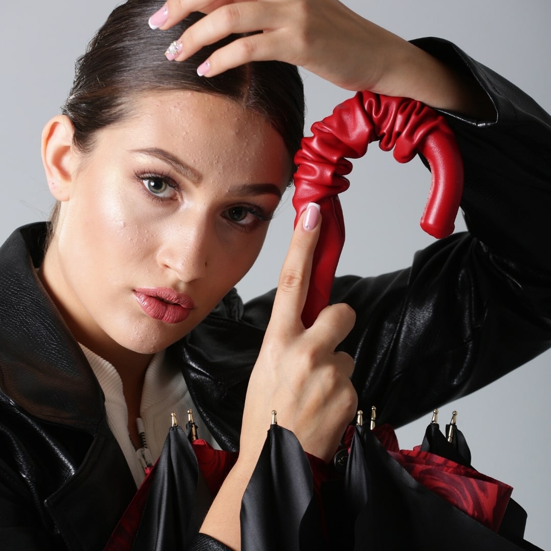 Pasotti women's cane umbrella black with leather handle and red roses under the dome