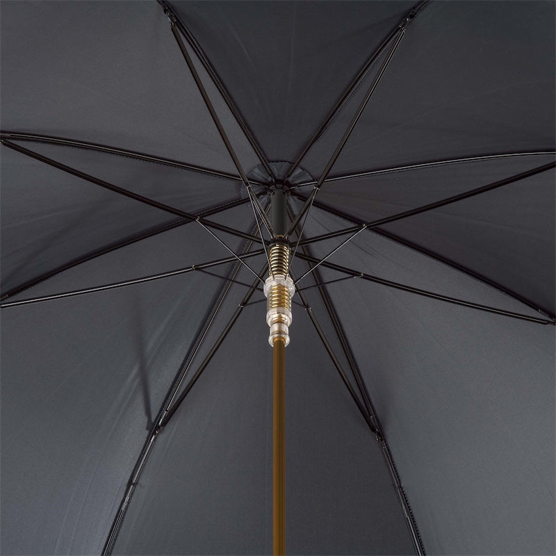 Underside of the open black canopy with eight ribs