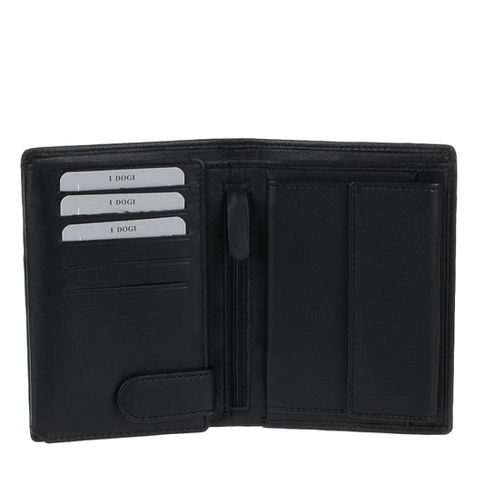 Tony Perotti Cortina 5031 nero opened — card slots and slip pockets on the left, a zipped coin pocket down the middle and further pockets on the right
