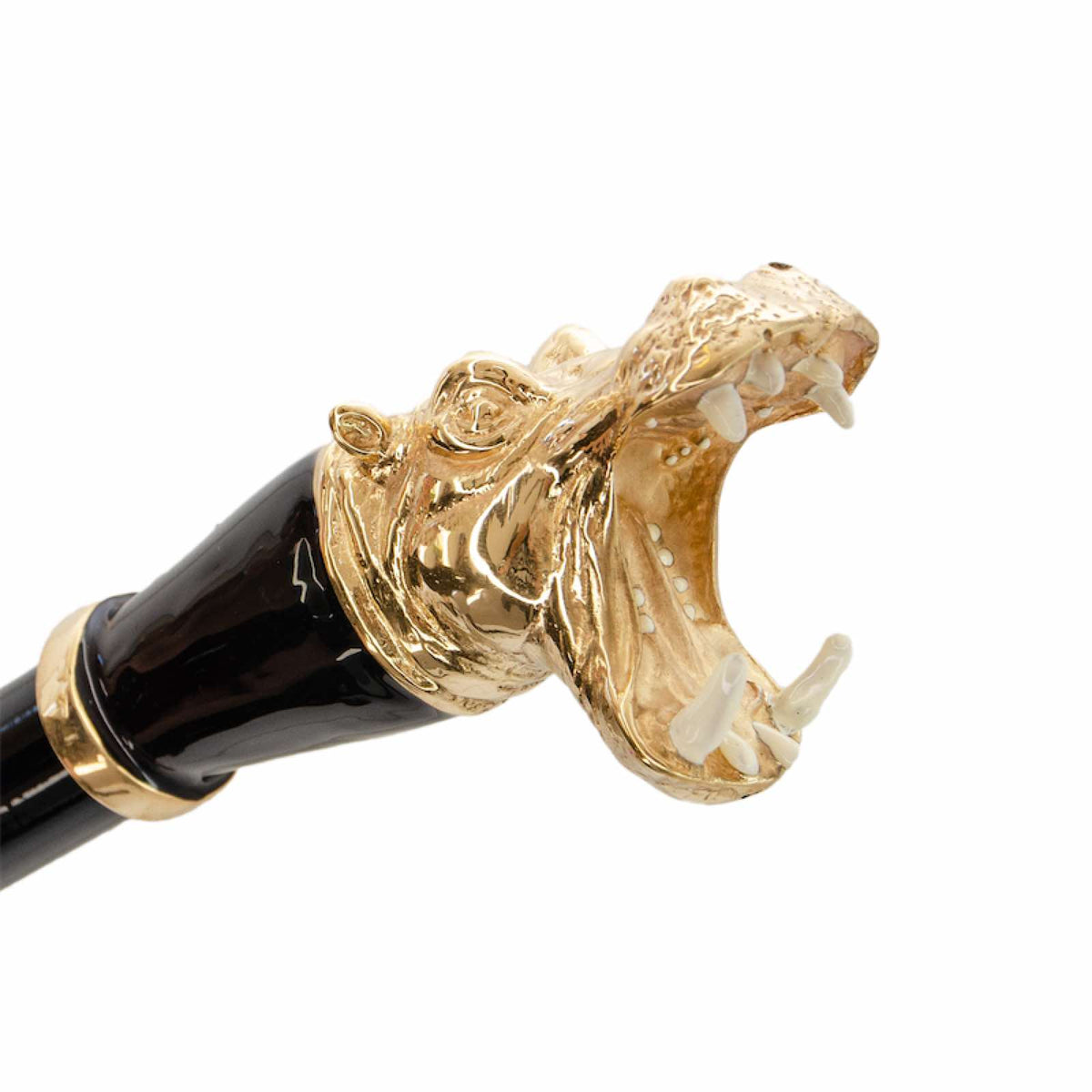 Hippo head with open jaws on a gold-tone collar, three-quarter view