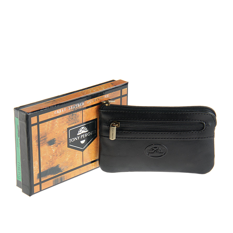 Black leather key pouch beside its branded Tony Perotti box, handcrafted in Italy — Italico 359 nero