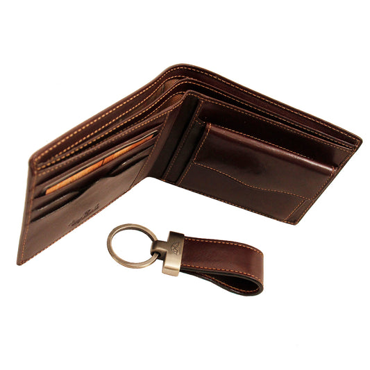 Tony Perotti Italico 534+KR133 moro opened — card slots and the rounded coin-pocket flap inside the wallet, with the key ring on its antique-brass collar beside it
