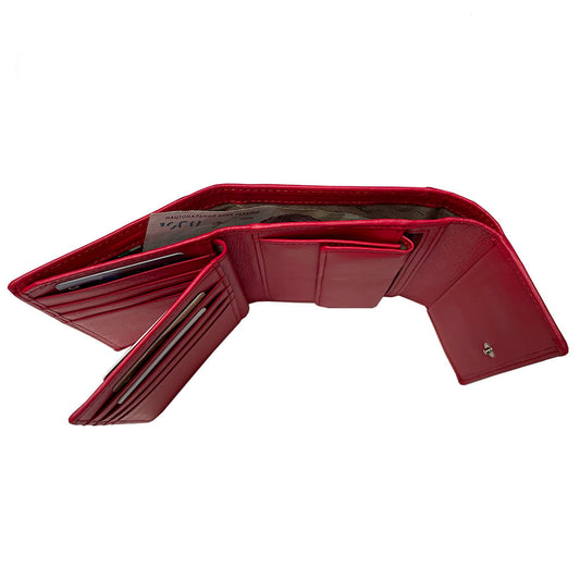Red wallet with multiple card slots on a white background