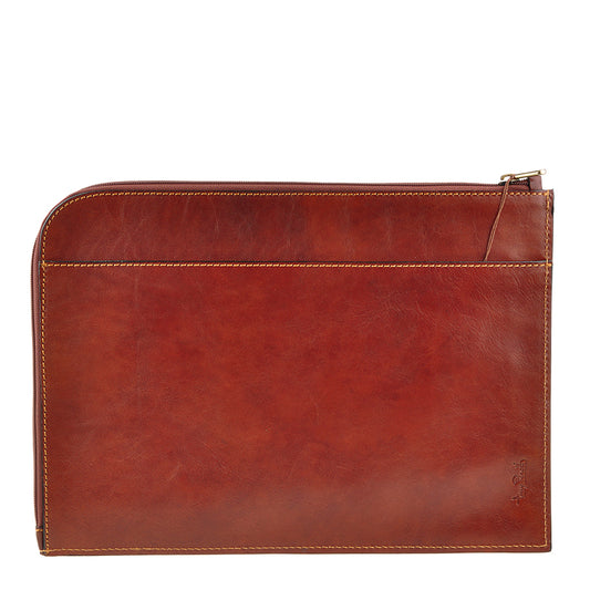 Back of the cognac Italico 8017L folio — full-width open pocket and embossed Tony Perotti signature