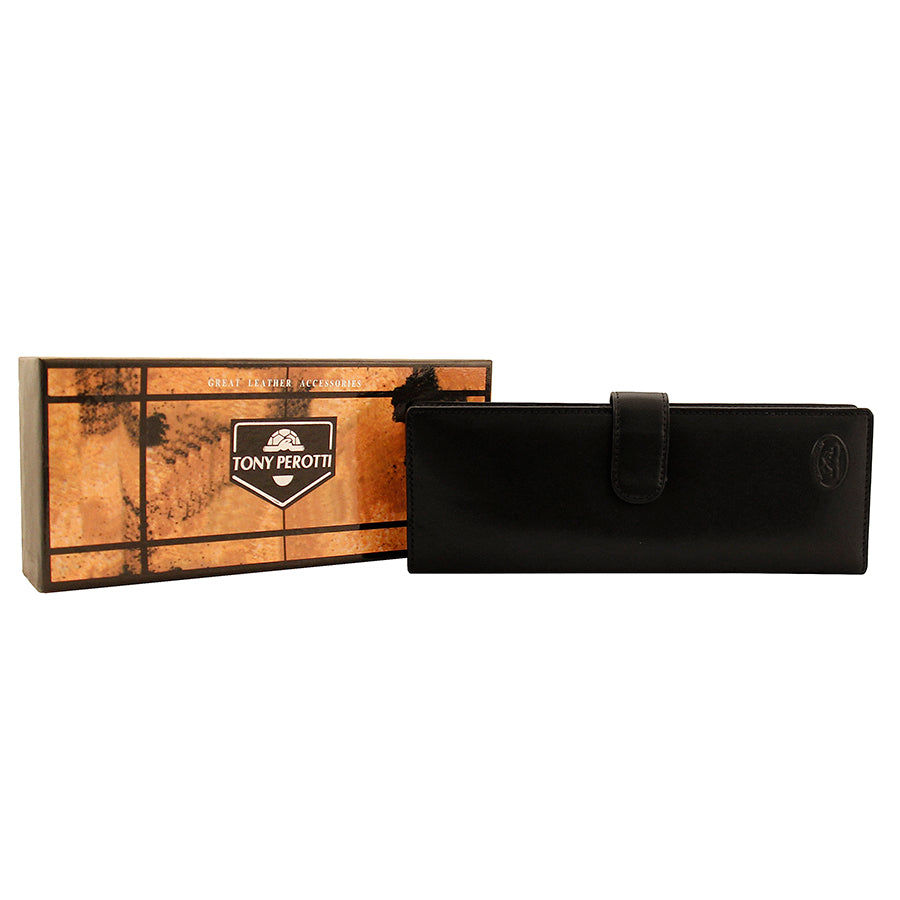 Black leather long business card holder with Tony Perotti branded gift box — Italico 2639 nero