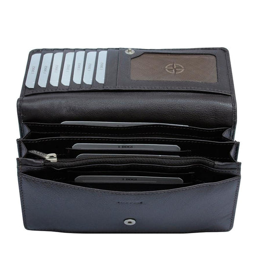Black Cortina 5072 wallet open showing 12 card slots and ID window