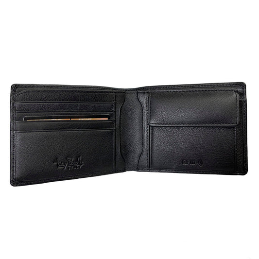 Tony Perotti Contatto 534+RFID nero opened — 3 card slots, logo pocket and flap coin pocket marked RFID