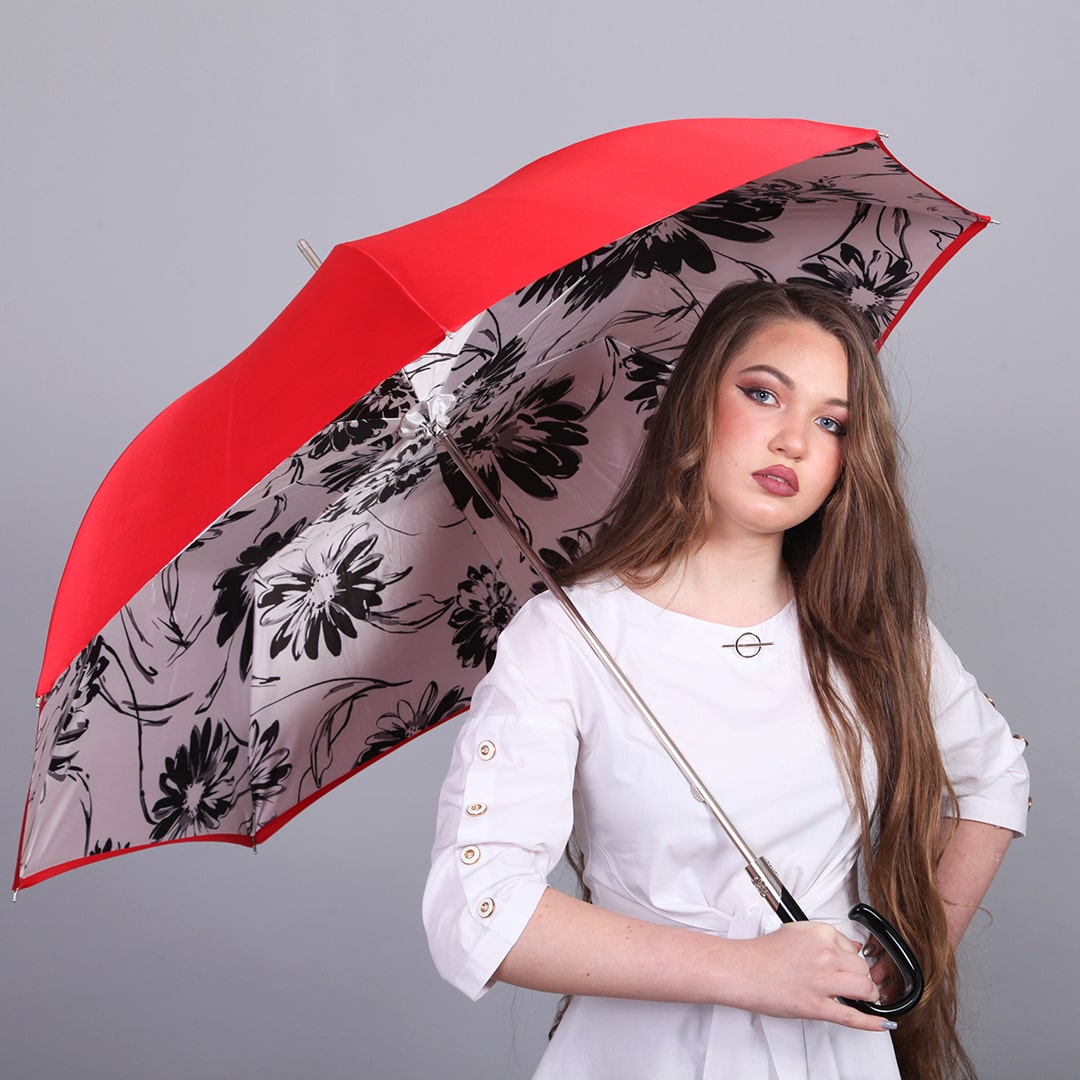 Umbrella cane women's red with floral print Pasotti 189N 56799-1 F38