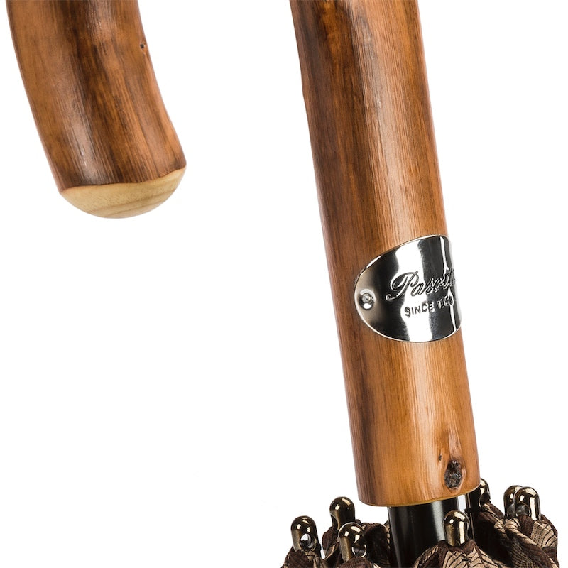 Chestnut handle details: natural knots, crook end and silver-tone plaque