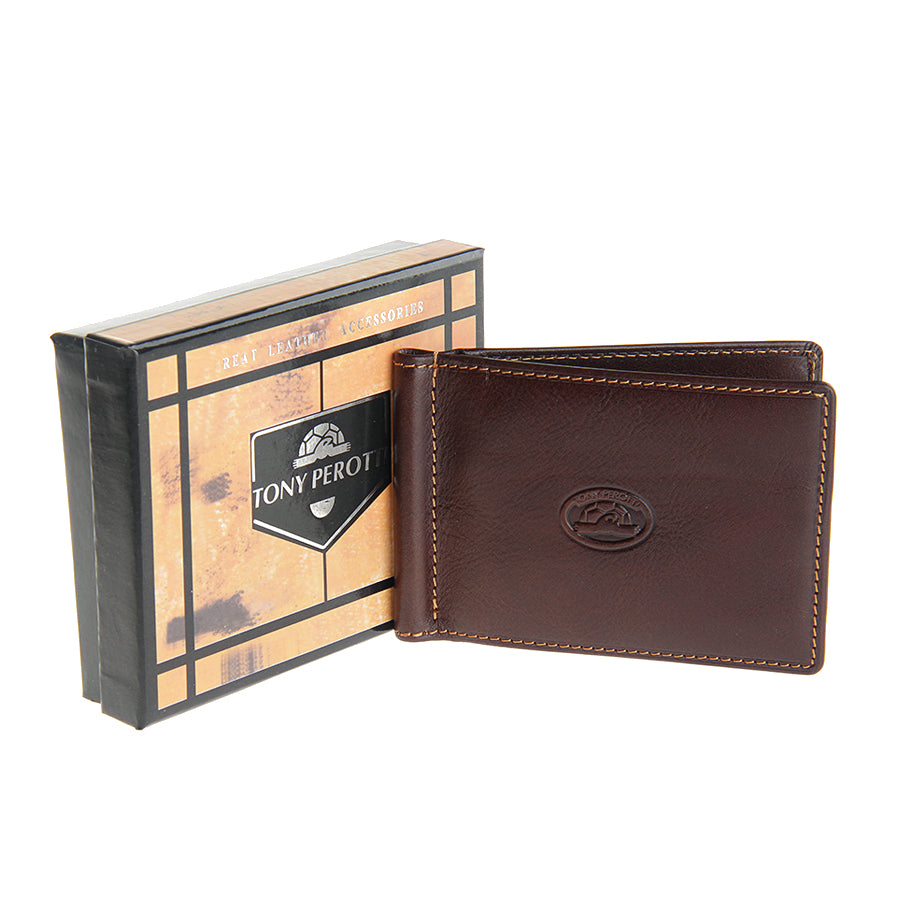 Tony Perotti Italico 2312 moro dark brown leather money clip wallet standing in front of the printed orange Tony Perotti gift box