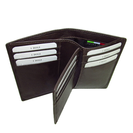 Dark brown Tony Perotti Cortina 5065 wallet seen open from above, with card slots across all inner panels and the banknote compartment