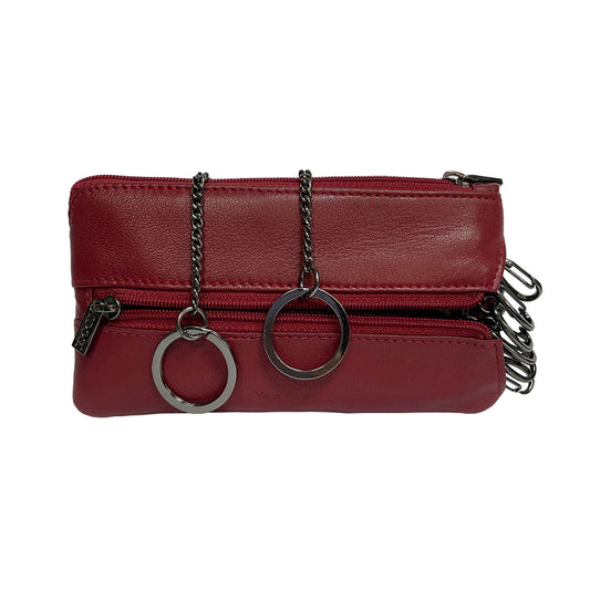 Tony Perotti Cortina 5021 rosso — both compartments open: two key rings on chains on the left, six snap hooks on the right