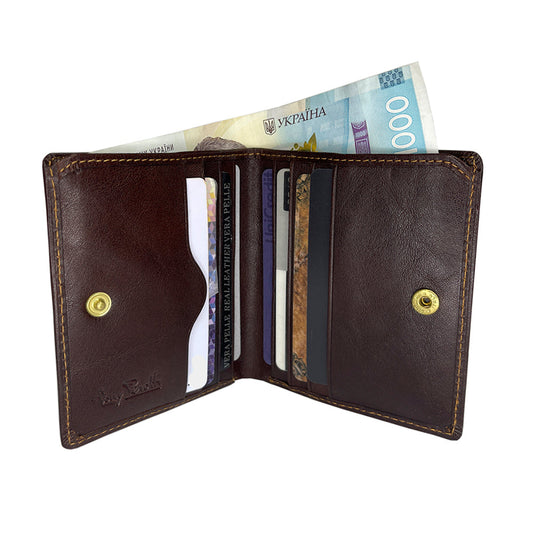 Tony Perotti Italico 1619 moro dark brown leather compact wallet open and filled — branded insert cards, a bank card and banknotes in the slots and bill compartment