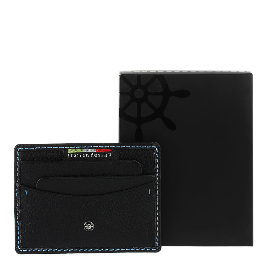 Tony Perotti Timone 11043 nero — the card holder beside the Timone gift box with the ship’s wheel on the lid