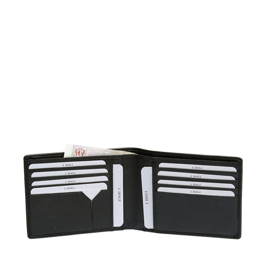 Tony Perotti Cortina 5014 nero opened — four card slots in each column, two vertical slots between them and a banknote in the compartment behind