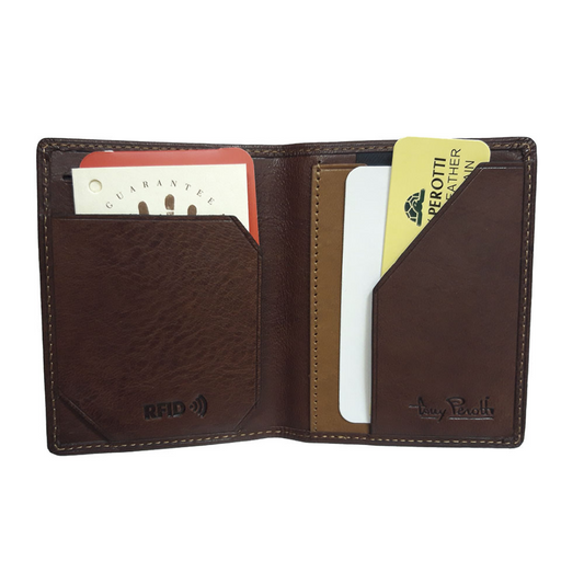 Tony Perotti Nevada 3813+RFID moro — opened out: the «RFID» stamp on the left pocket, cards in the diagonally cut right pocket and the Tony Perotti signature beside them