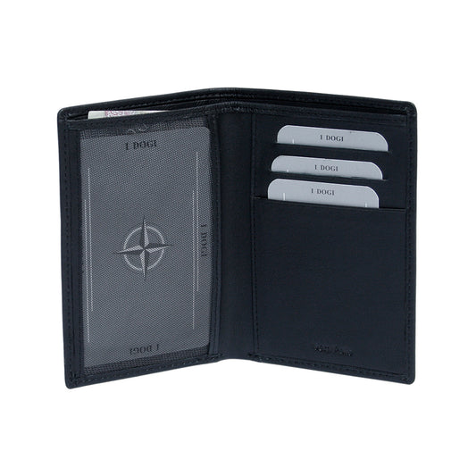Black document holder Tony Perotti Cortina 5015 nero opened flat — mesh ID window on one side, three stepped card slots and a Vera Pelle pocket on the other