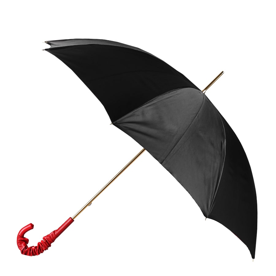Pasotti women's cane umbrella black with leather handle and red roses under the dome