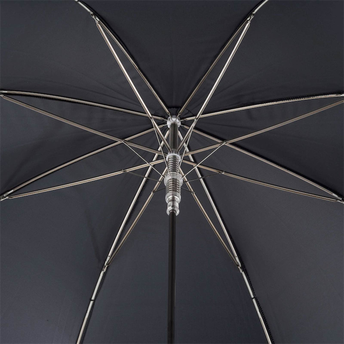 Underside of the open black canopy with eight silver-tone ribs