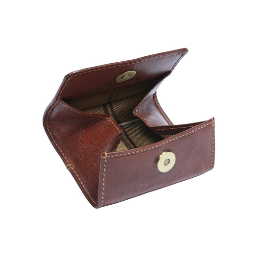 Cognac leather coin pouch open showing fabric lining and snap button — Tony Perotti Italico 1445L cognac