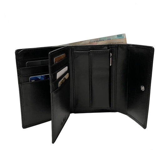 Black Swarovski 500N wallet open showing the 12-slot trifold card layout