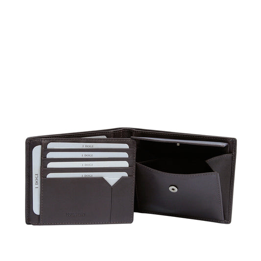 Tony Perotti Cortina 5036 moro opened — four card slots and a slip pocket on the left, the snap coin pocket open on the right