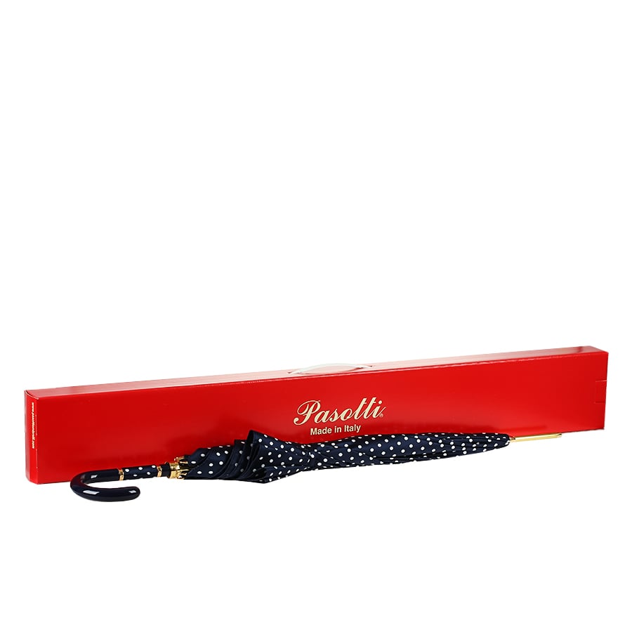 Blue Pasotti women's polka dot umbrella in closed condition next to the branded box